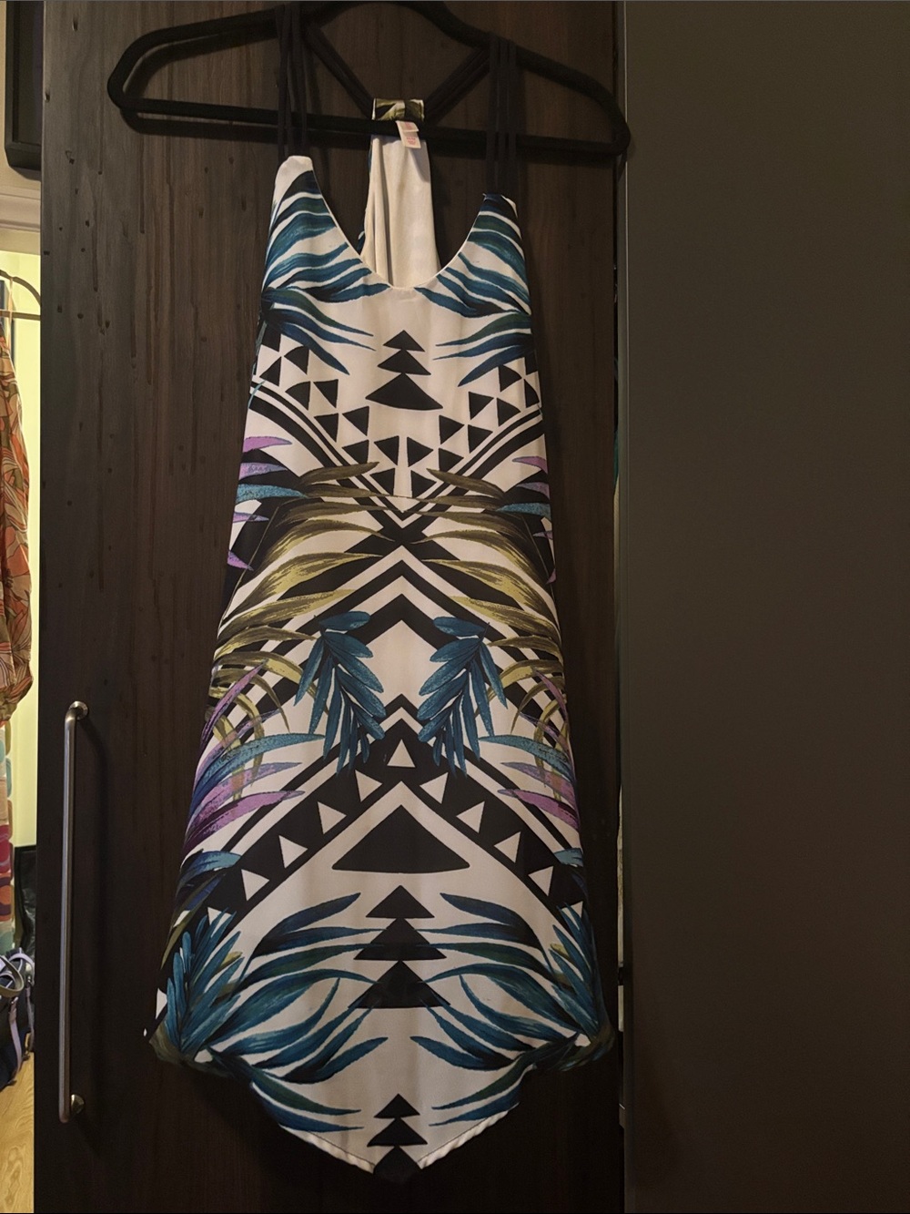 Xhilatation Tropical Geo-Print Halter Dress in White and Blue Size Medium
